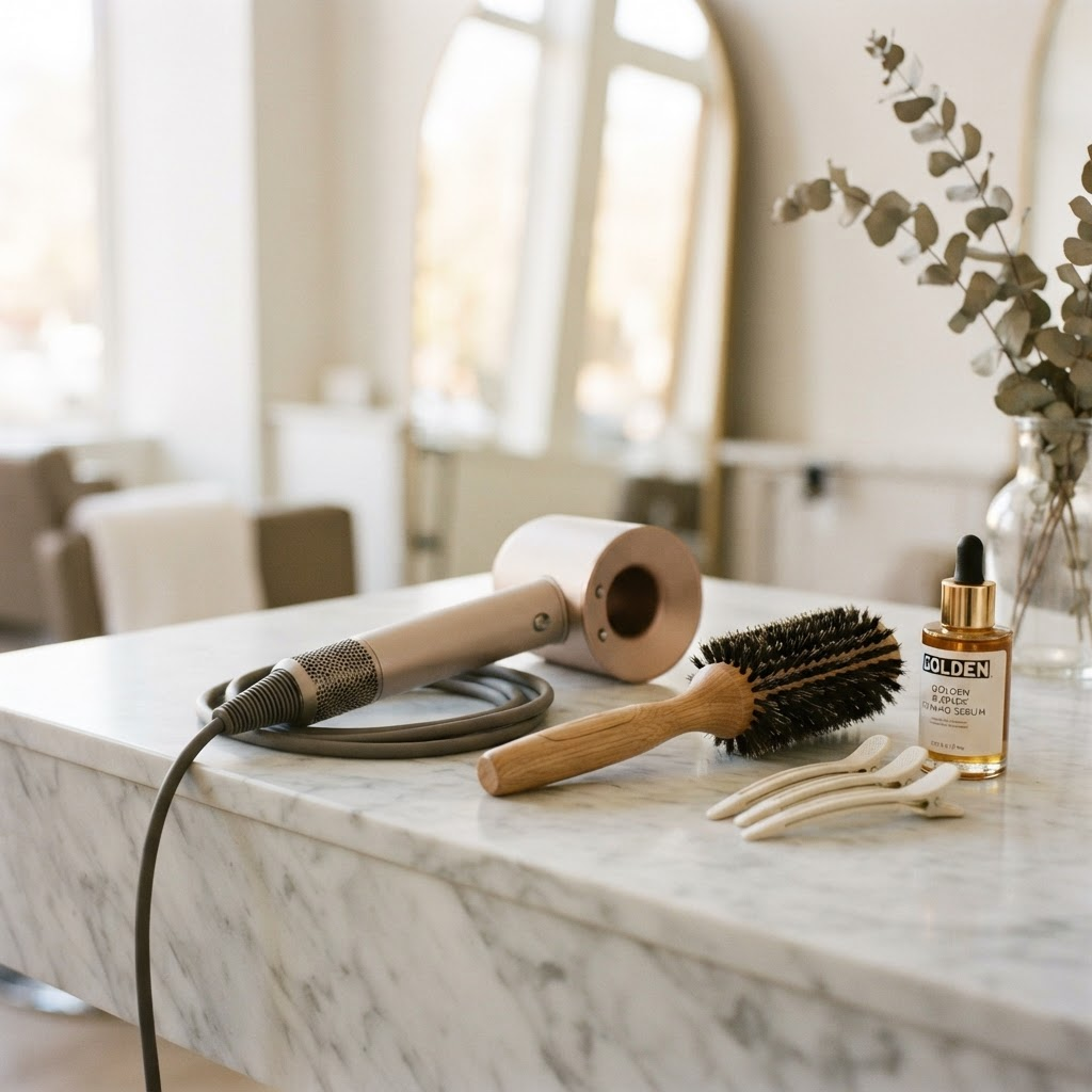 Professional hairdressing tools and blonde toning product on a salon counter