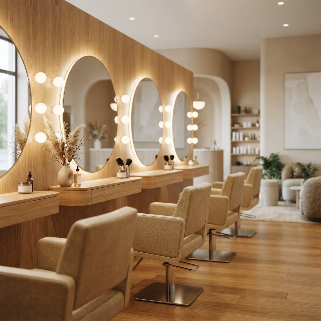 Modern salon interior with warm blonde and champagne tones