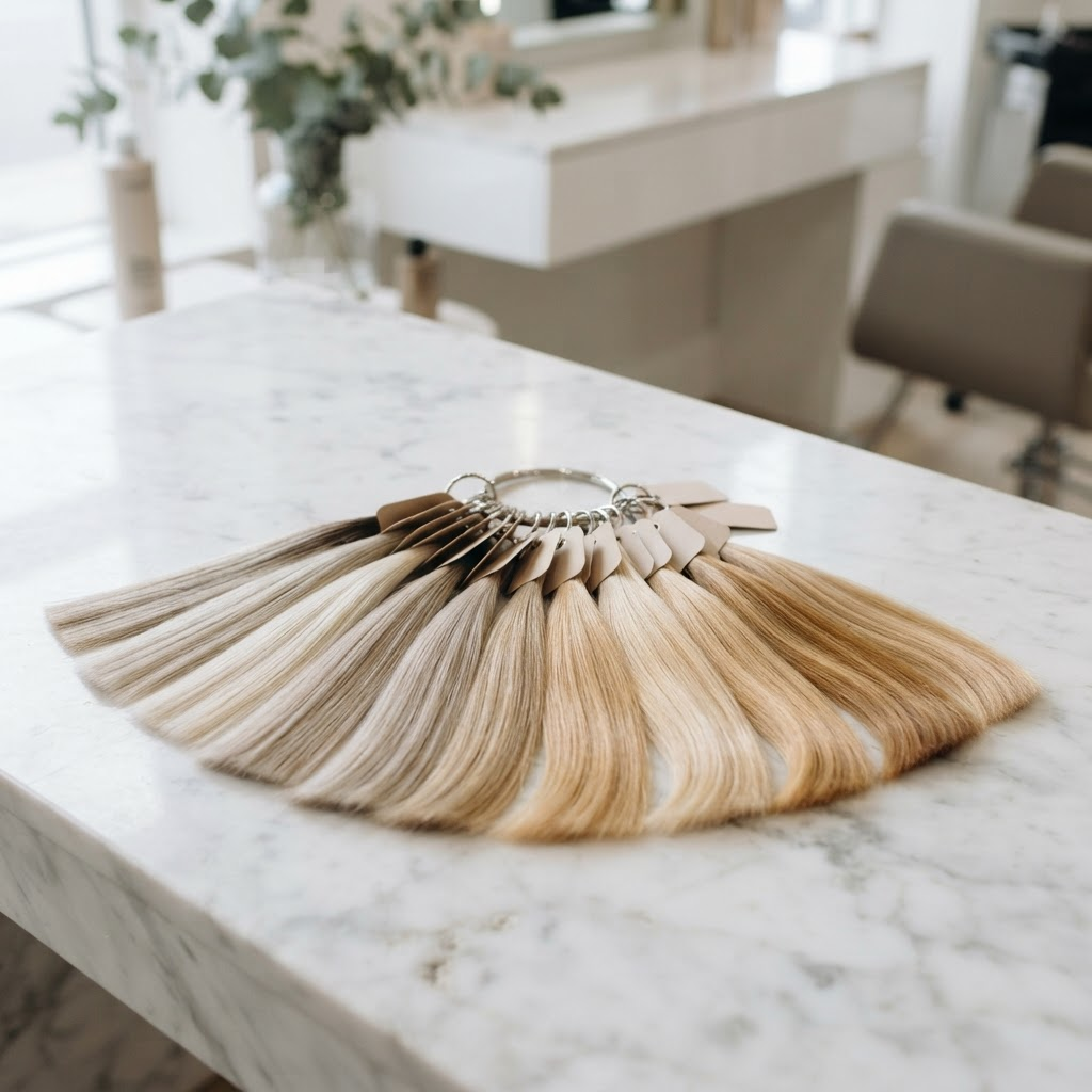 Blonde hair color swatches arranged on a marble surface